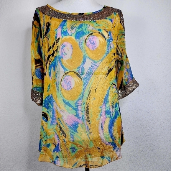 NEW YELLOW URBAN MANGOZ SIZE S, SEQUINS MULTICOLOR BLOUSE FALL SHEER AQUA - Picture 3 of 17